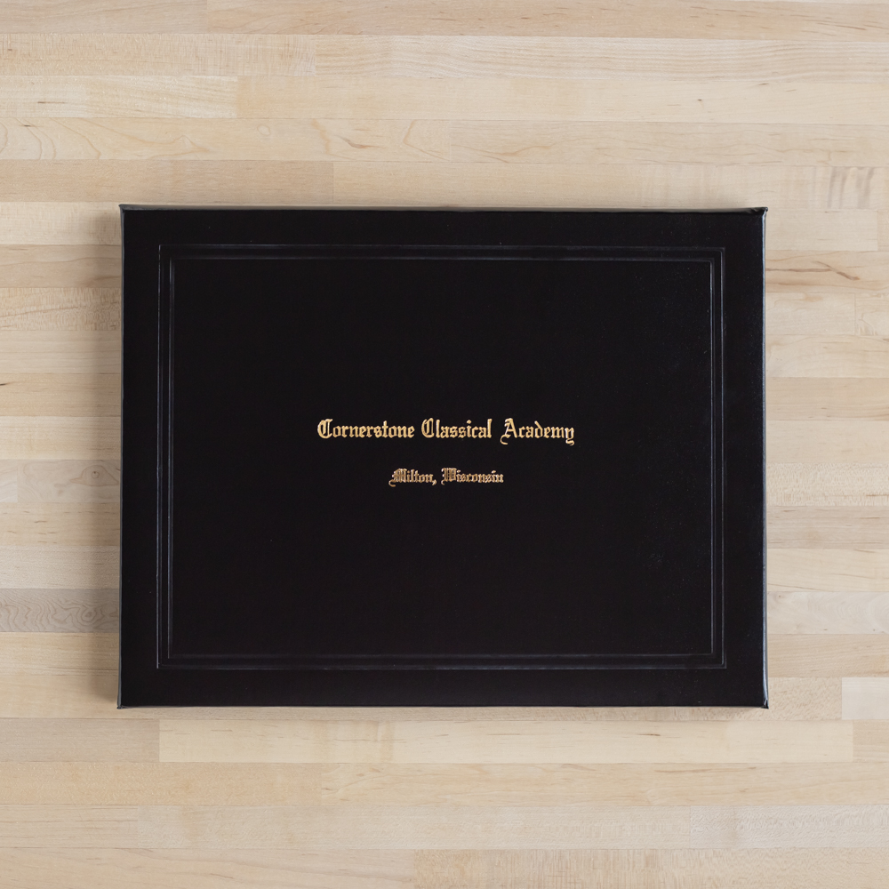 Diploma Cover stamped with two lines of custom text