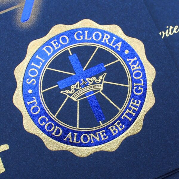 'Soli Deo Gloria' graduation announcement seal closeup