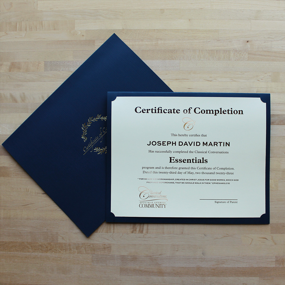 Classical Conversations Certificate of Completion with Linen Certificate Holder