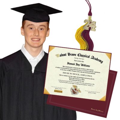 the basic graduate package includes a diploma and cover, a cap and gown, and a graduation tassel.