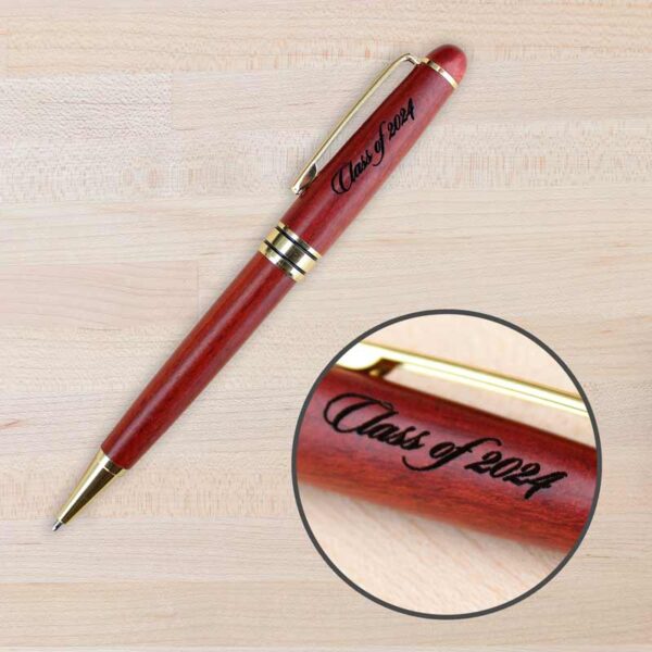 Rosewood ballpoint pen engraved with "Class of 2024" in script font
