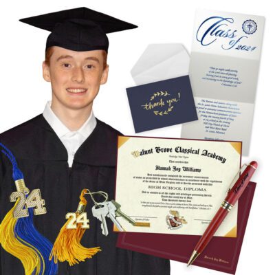 graduate package including diploma, cap and gown, tassel, announcements, thank-you cards, keychain tassel and rosewood pen