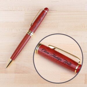 Rosewood Pen laser-engraved with a name in script font