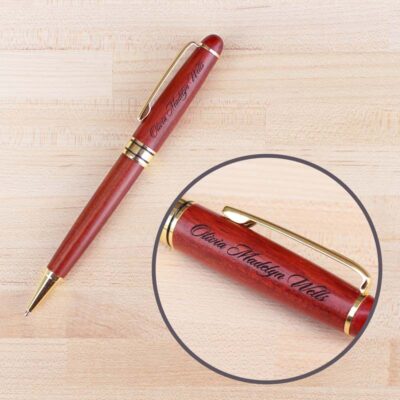 Rosewood Pen laser-engraved with a name in script font