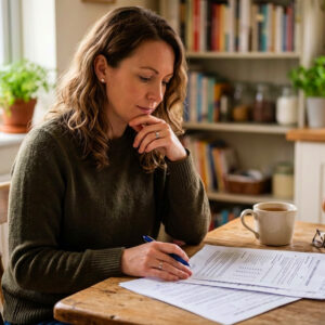 a homeschool mom sits at her kitchen table and looks at high school transcript documents for her homeschool student
