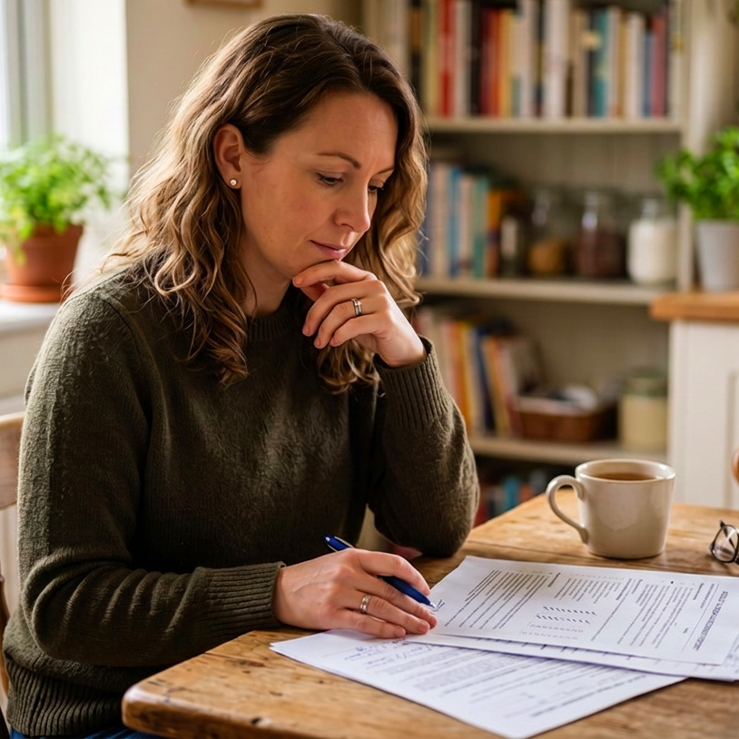 a homeschool mom sits at her kitchen table and looks at high school transcript documents for her homeschool student